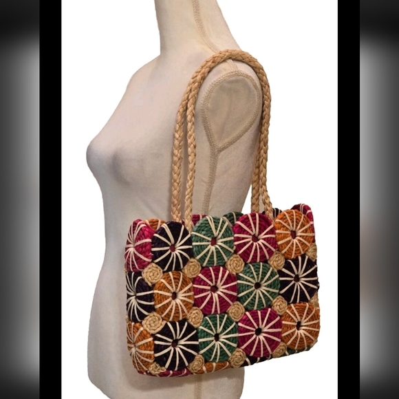 Unbranded Handbags - Colorful Patchwork Straw Tote Bag Vibrant Multicolor Summer Vibes